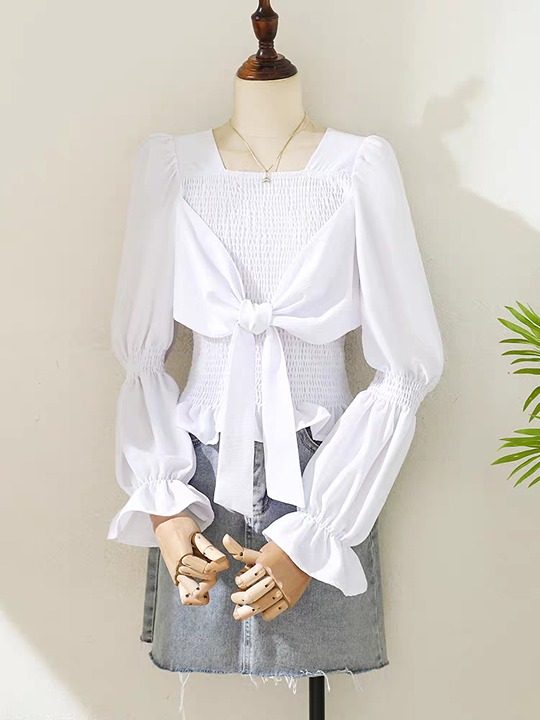Design sense square collar long sleeve shirt women 2024 spring flared sleeves