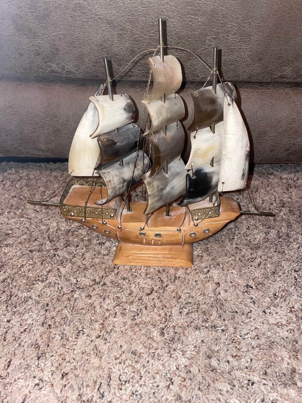 Vintage Hand Crafted Wooden Boat | Carved Bull Horn Sails