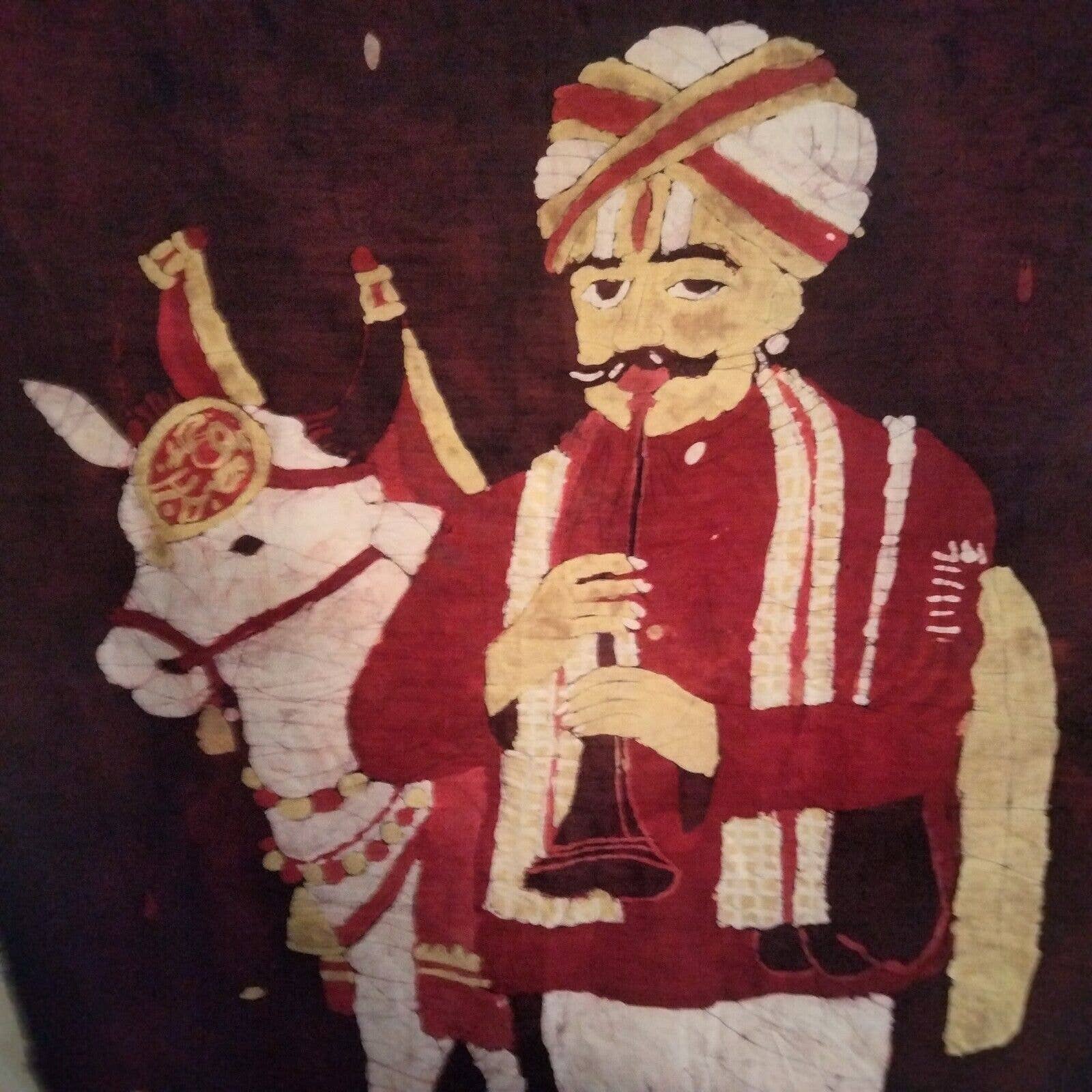 Vintage Batik fabric panel Man Playing Horn With Bull 29” x 35.5”