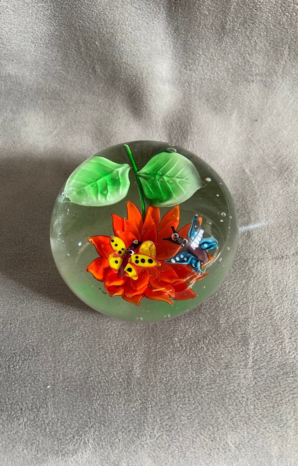 Glass Art Paperweight Controlled Bubbles Butterflies Orange Flower