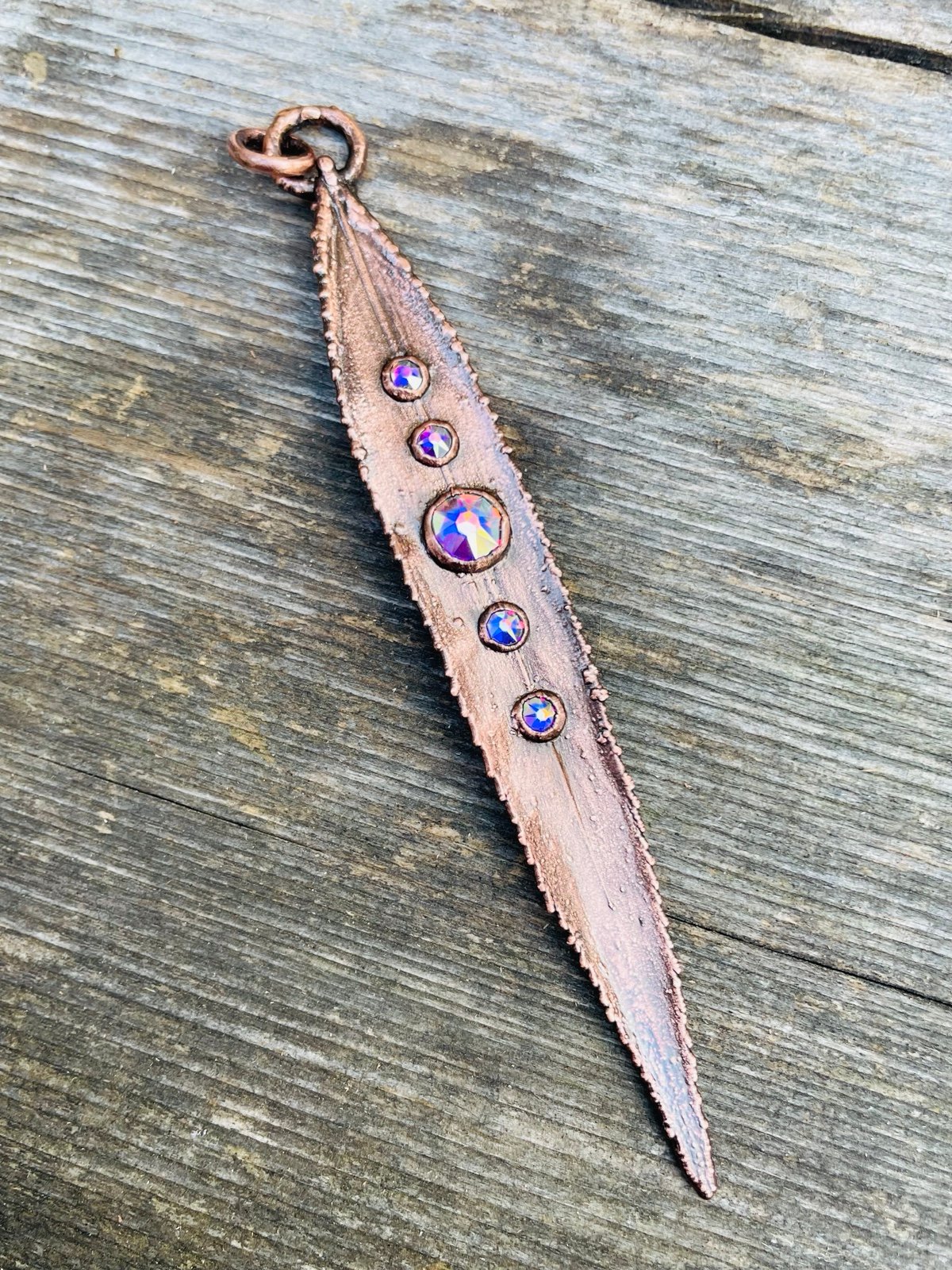 Real Weeping Willow Leaf Pendant in pure copper with Swarovski Crystals HANDMADE