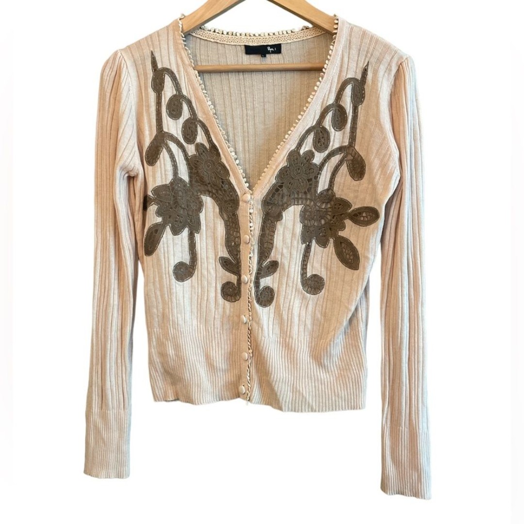 Ryu Button Down Knit Cardigan Floral Crochet Embroidered Detail Long Sleeve Sz L