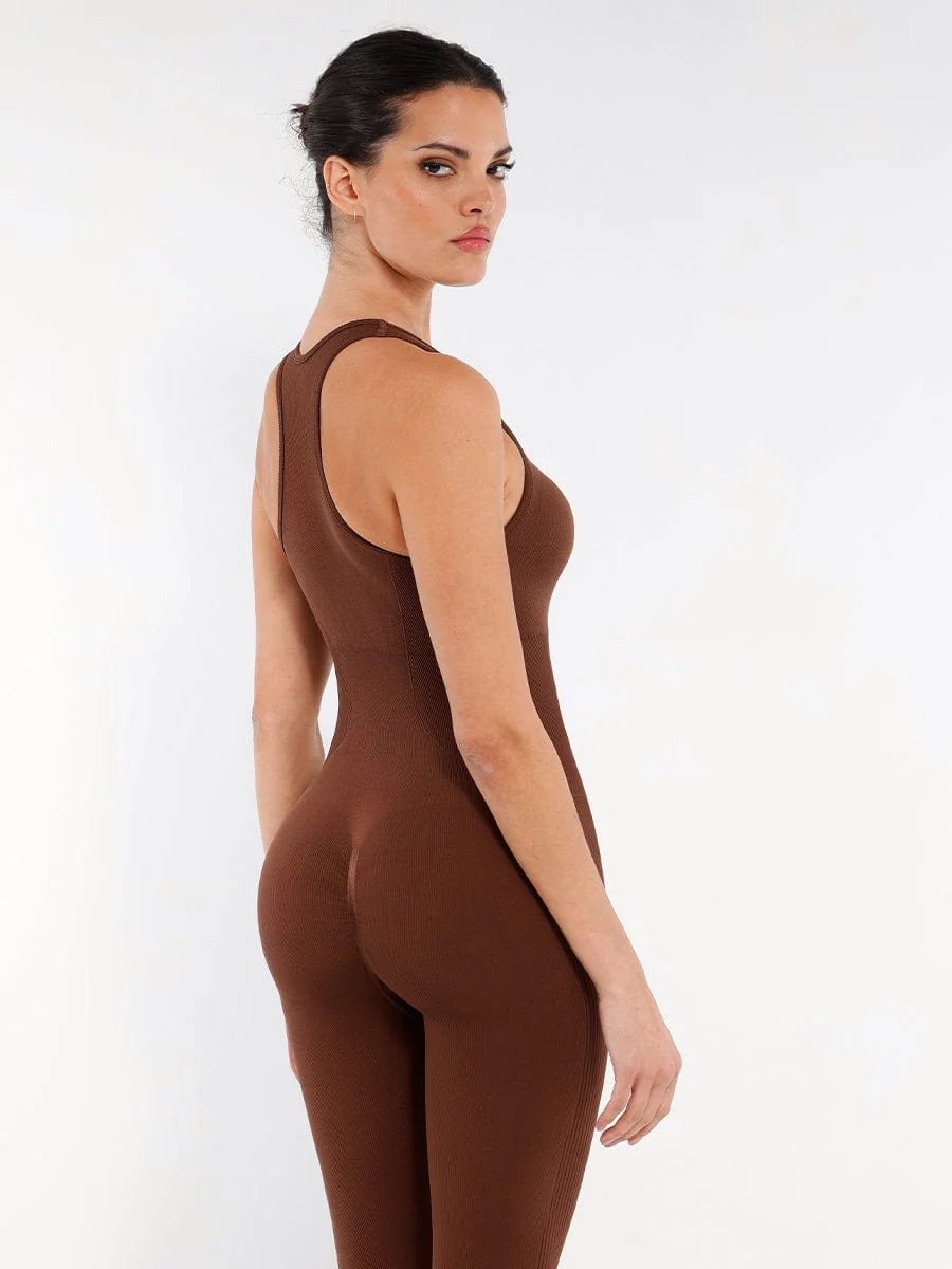 M/L Seamless Zip-Front Racerback 2-in-1 Shaping Jumpsuit in Brown
