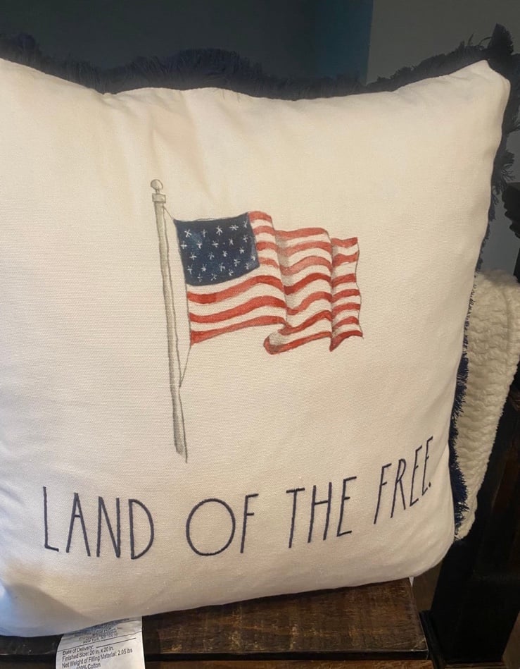 NWT Rae Dunn pillow Land of the free Flag print 20” x 20”