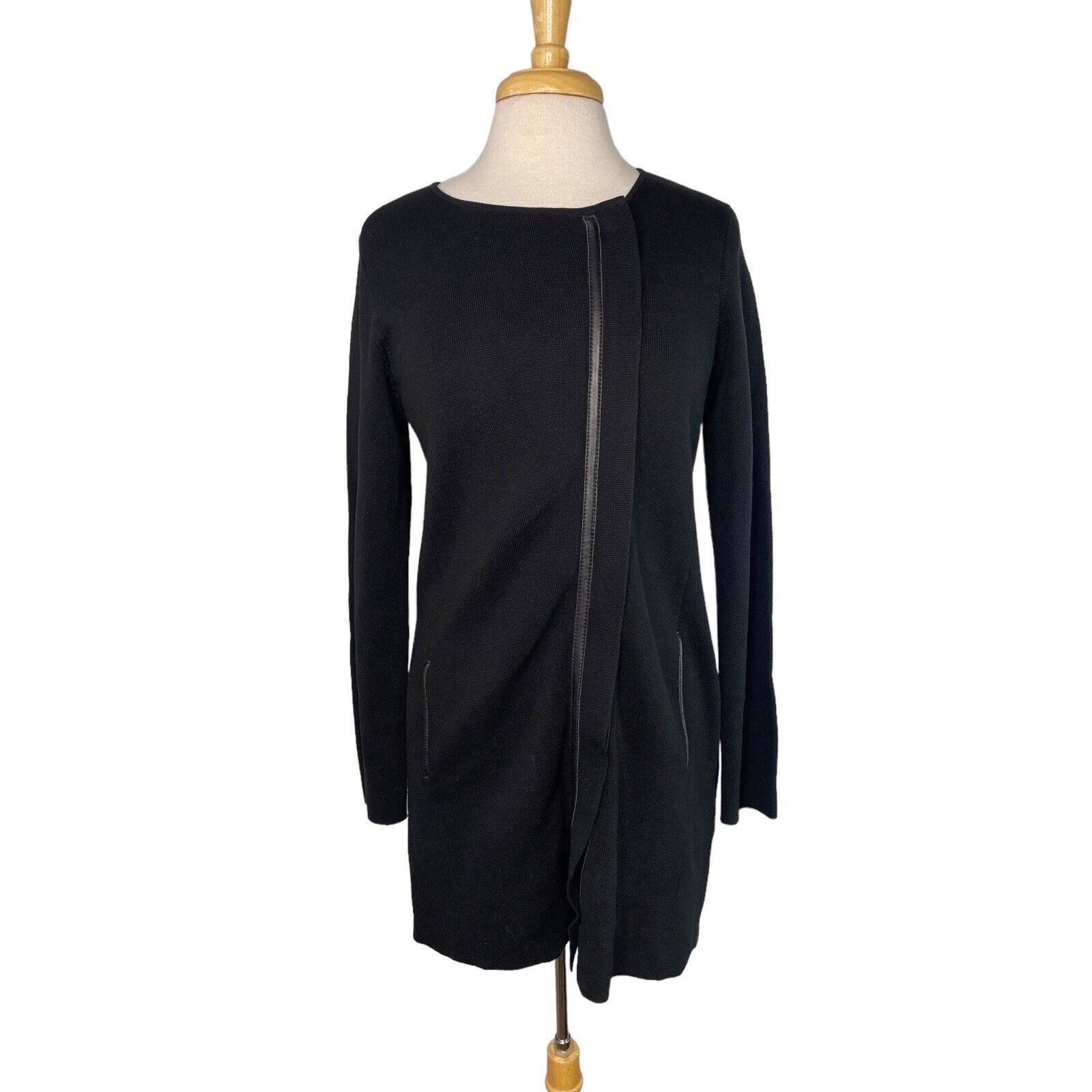 EILEEN FISHER Black Silk Leather Trimmed Duster Sweater Coat Size Small