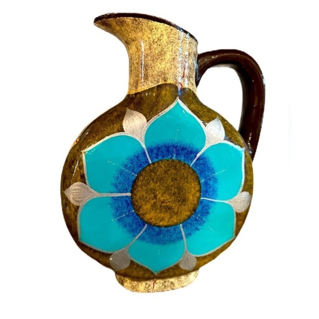 Mexican Cabo San Lucas Clay Pottery Floral Turquoise Pattern Pitcher By Domingo