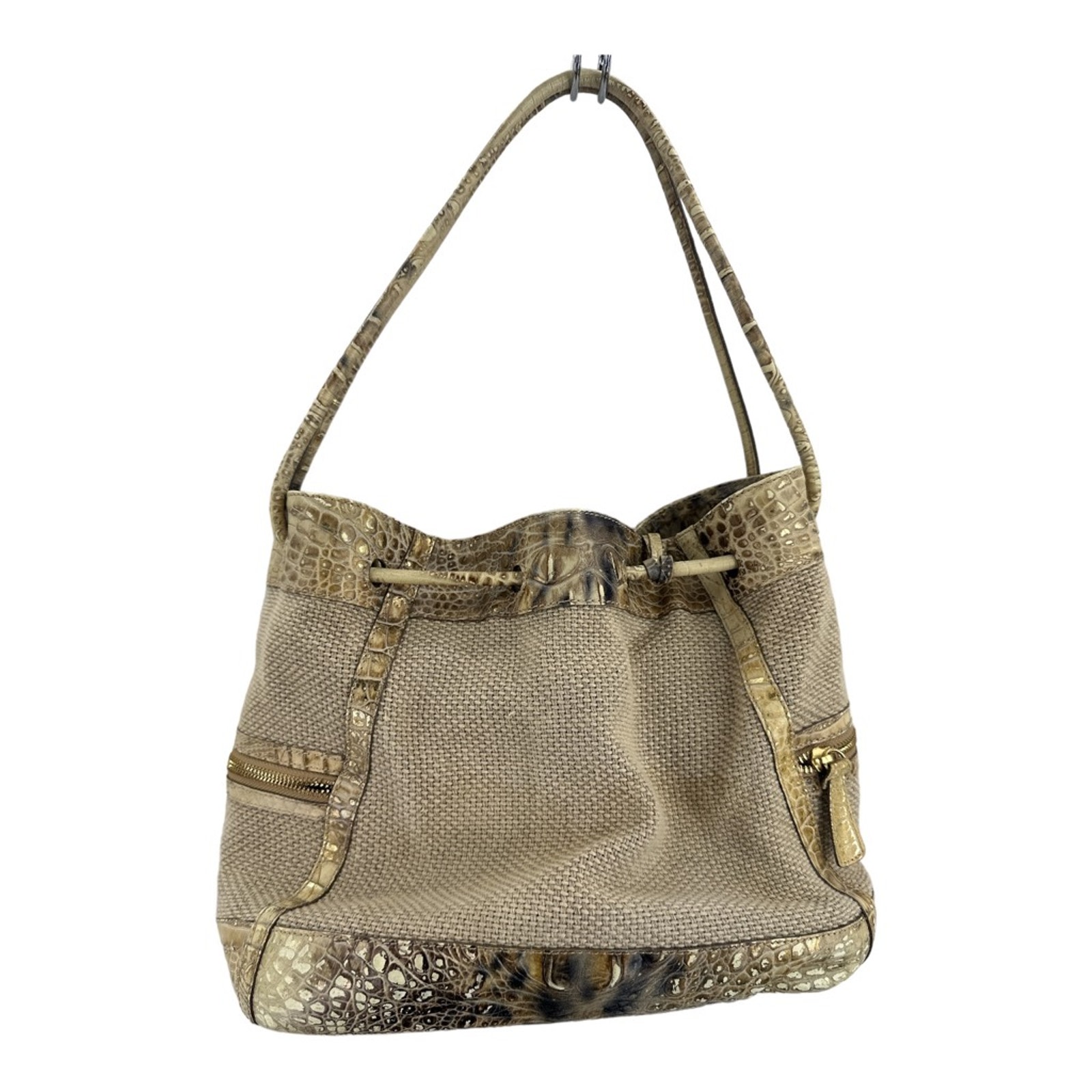 Brahmin Womens Tote Bag Beige Gold Leather Crocodile Drawstring Dual Handle M