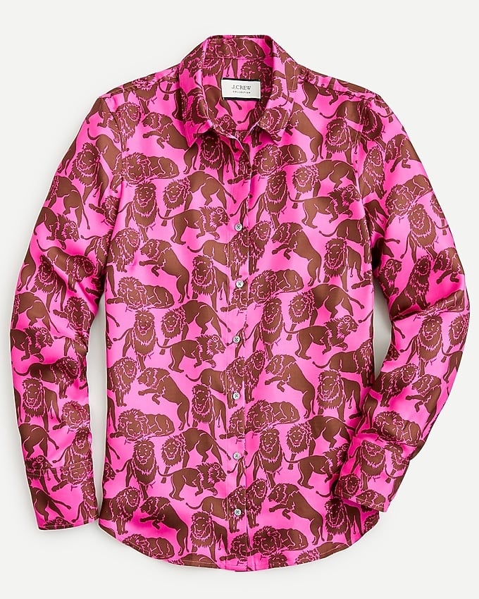J.Crew Collection Silk Twill Shirt in Sleepy Lions Print Fuchsia Brown Sz 10 NWT