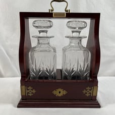 Vintage English 2 Crystal Bottle Oak Tantalus Decanter Set NO KEY READ