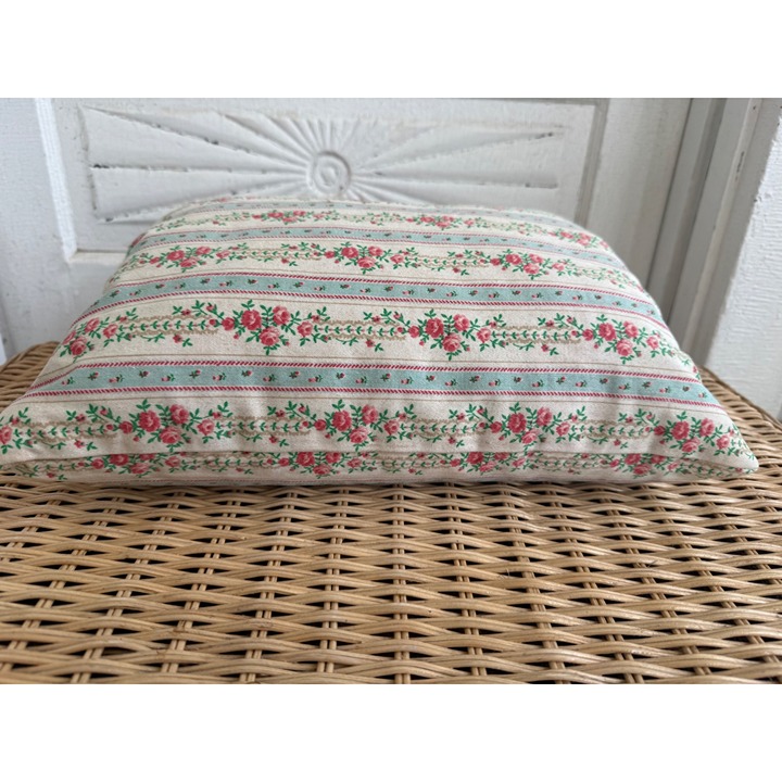 Vintage 50's Small Blue Pink Rose Ticking Cotton Feather Pillow 15x12