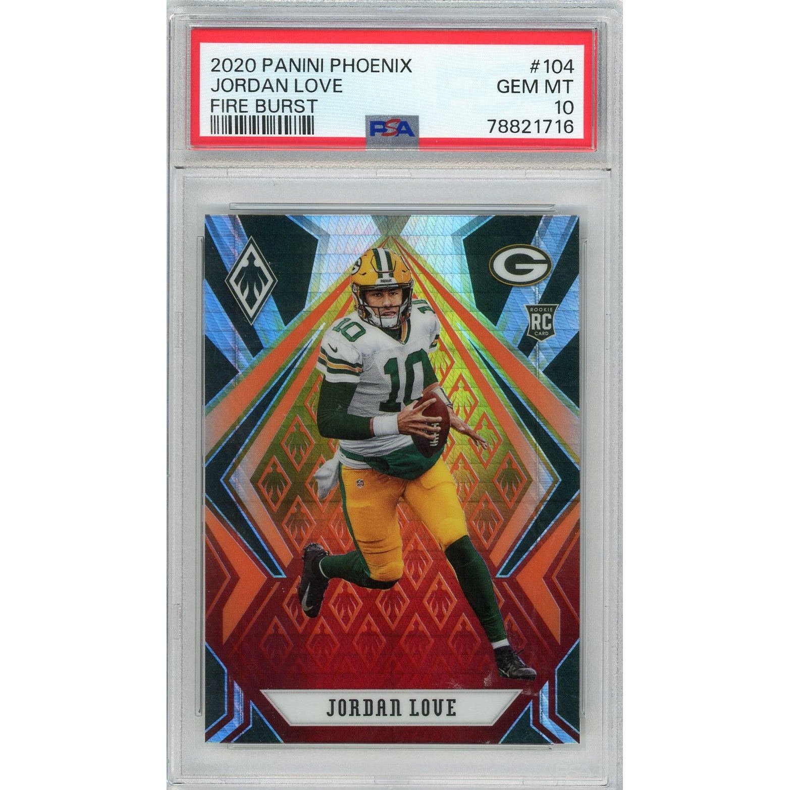 Graded 2020 Panini Phoenix Jordan Love #104 Fire Burst Rookie Card PSA 10