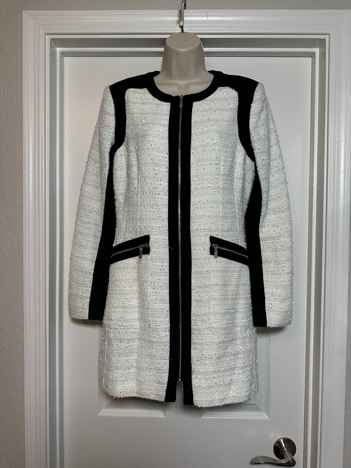 Laundry by Shelli Segal White Classic Tweed Preppy Full Zip Long Sleeve Dress