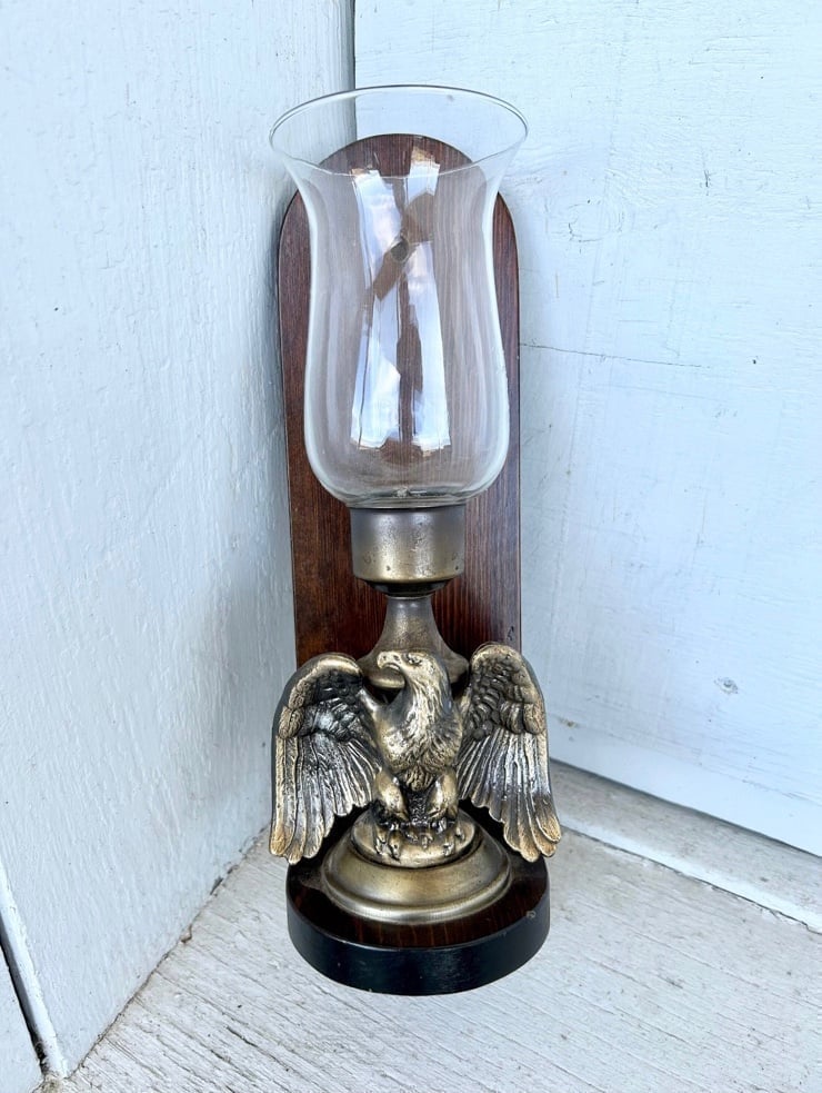 Vintage Brass Bronze Cast Iron Eagle Sculpture Wood Wall Sconce Colonial Rustic