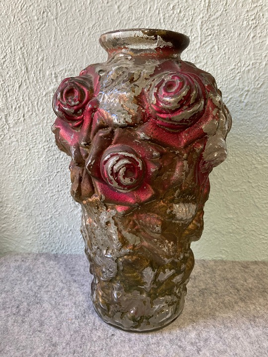 Antique Victorian Goofus Glass Large 12 Vase Red & Gold Cabbage Rose Buds