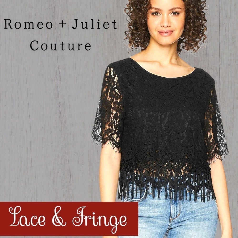 ROMEO & JULIET Couture Women's Black Floral Lace and Fringe Top