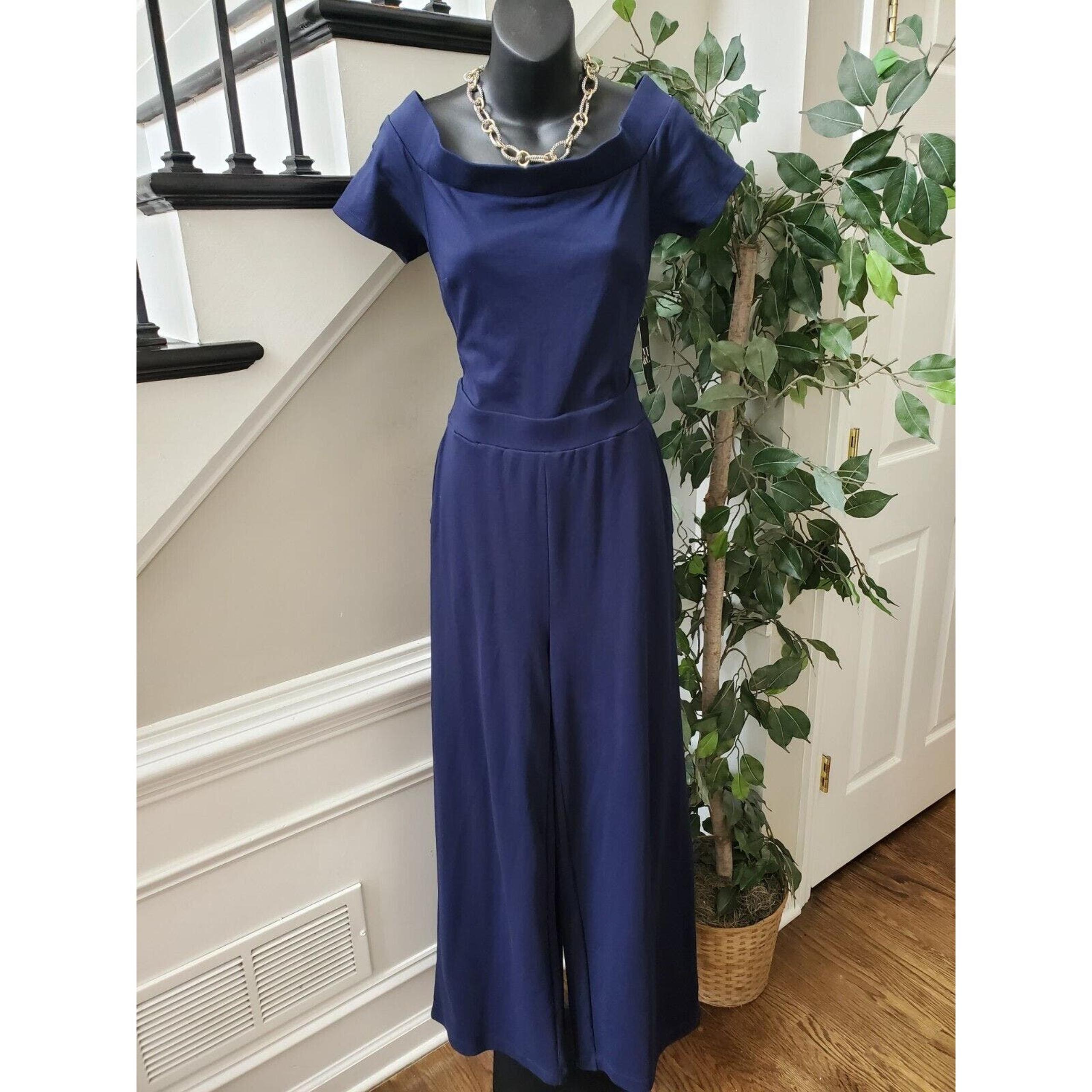 New York & Company Women's Blue Solid Cotton Off The Shoulder Jumpsuit Size M