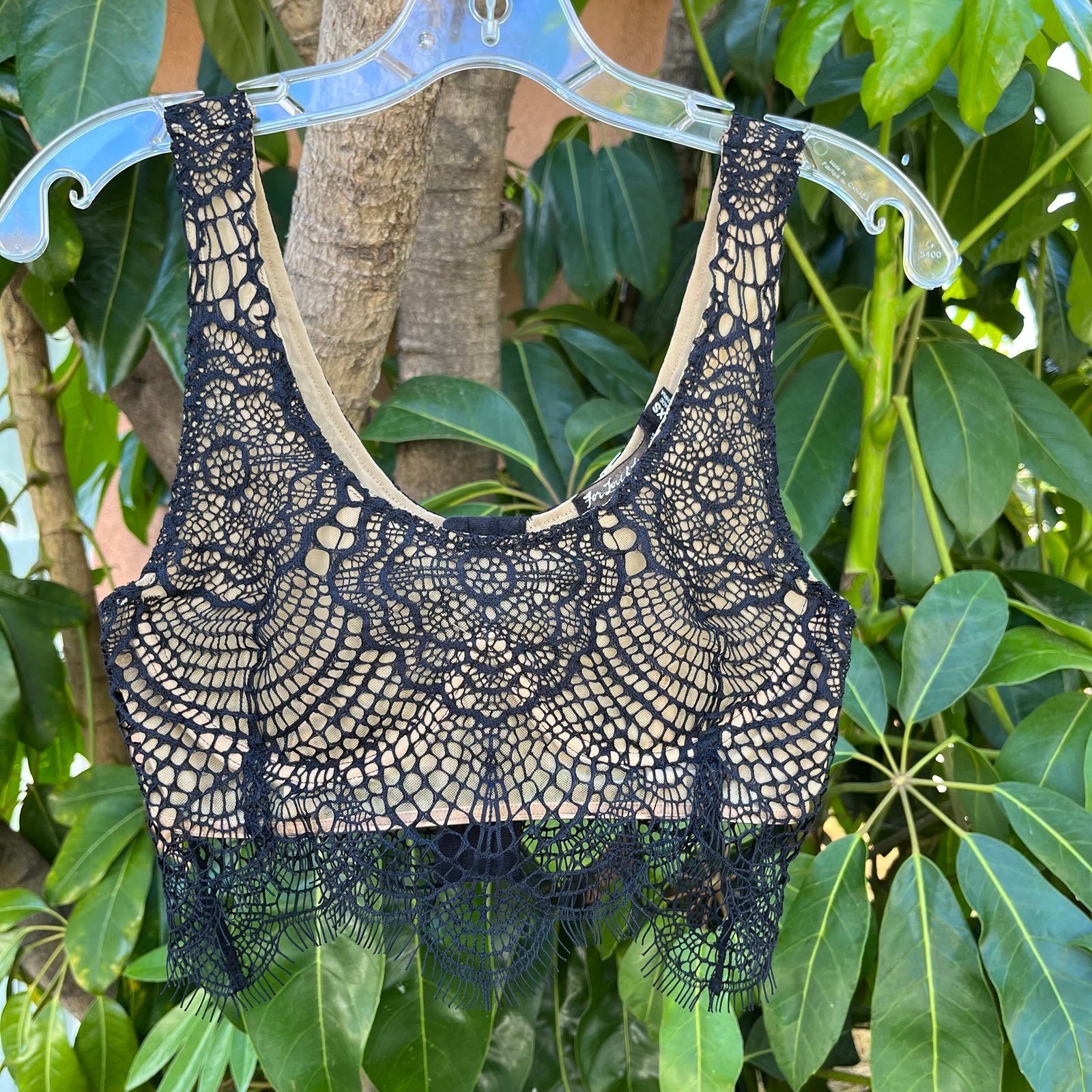 For Love & Lemons cream lace navy and nude mesh bra/ top.