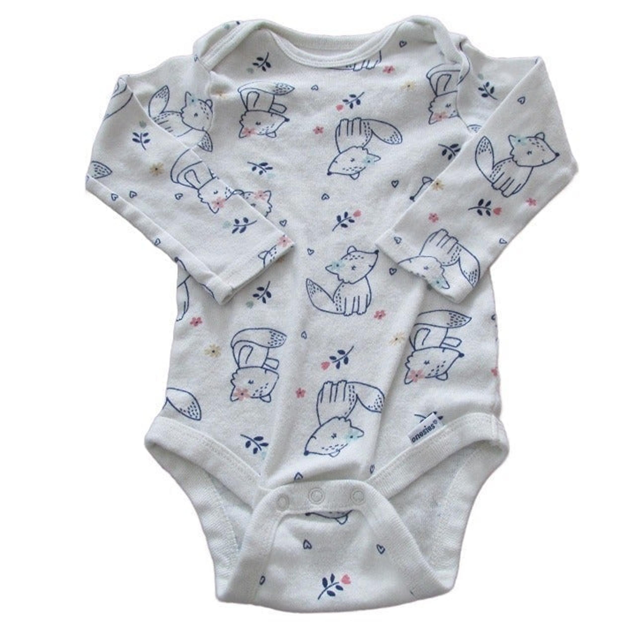 Gerber One Piece Bodysuit Girls Size 3-6M White Cream Long Sleeve Floral Fox