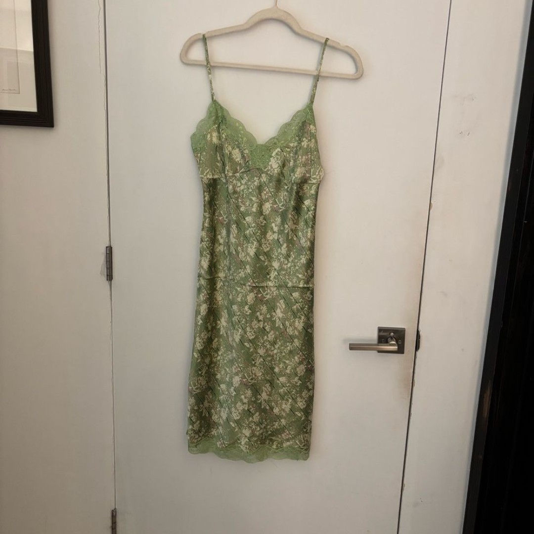 NWT Vintage Y2K Gold Hawk 100% Silk Midi Dress Sleeveless Slip Print Lace Green