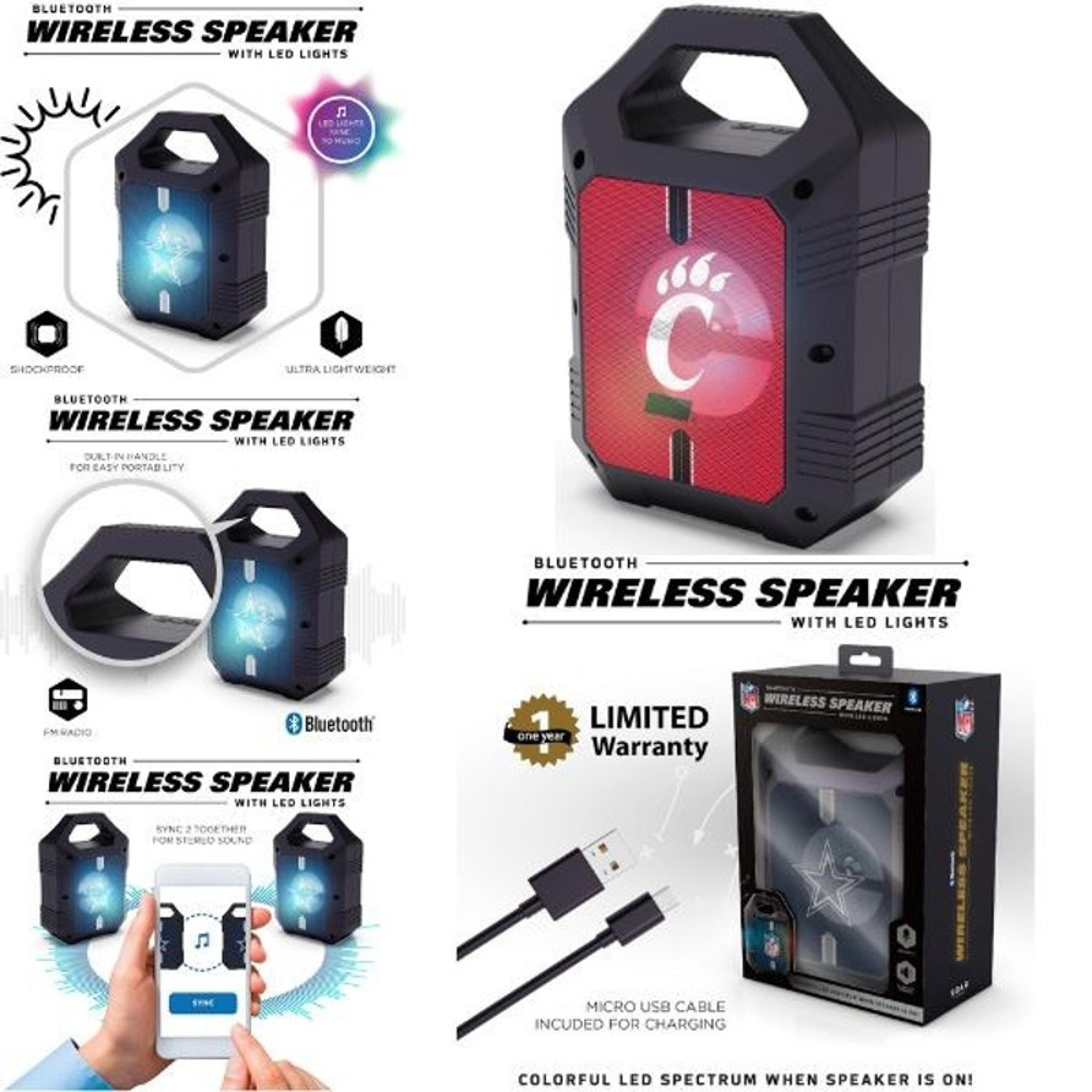 Cincinnati Bearcats Bluetooth Wireless Speaker LED Lights  Radio NCAA Syncable