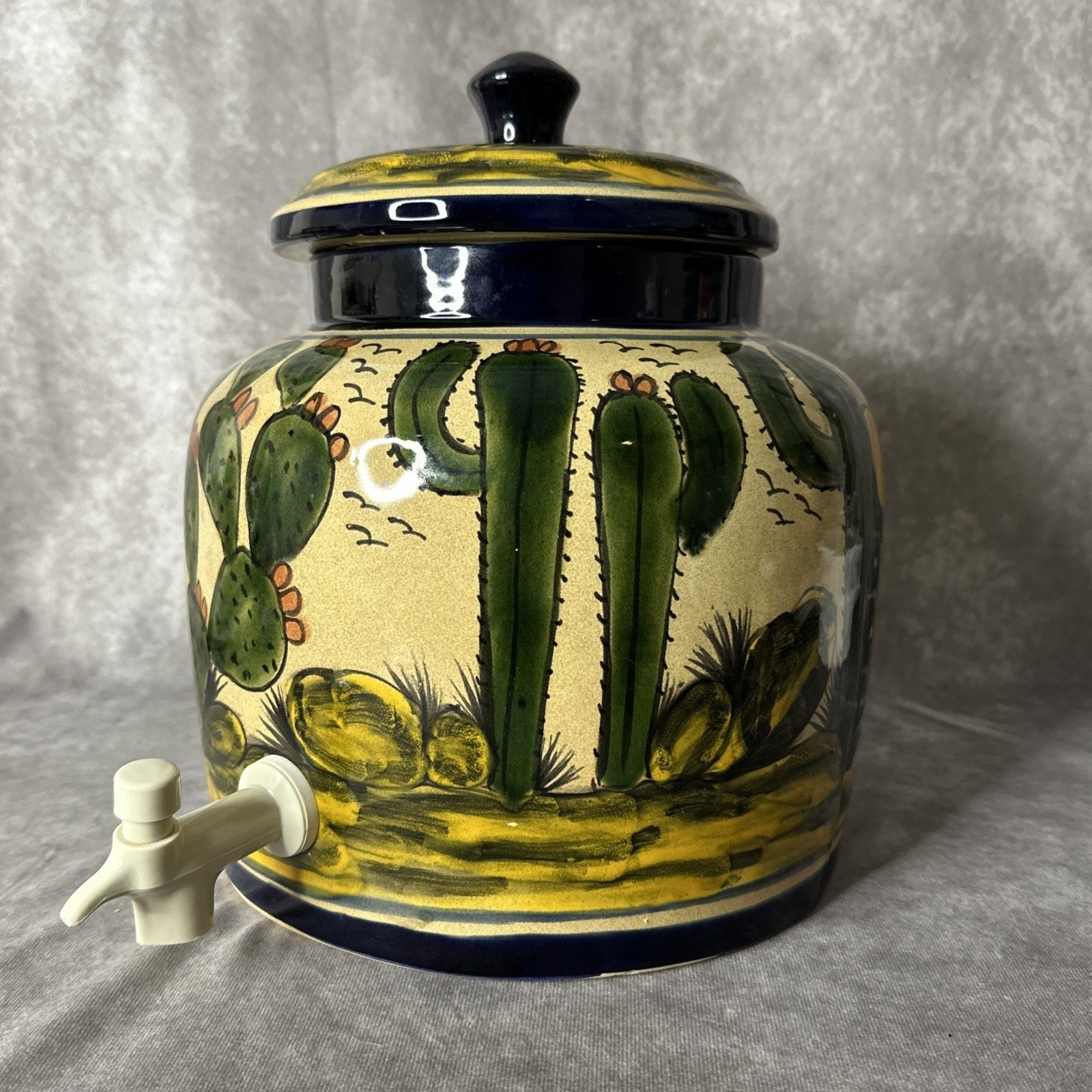 Vtg. Handmade Mexican Pottery Water Crock/Dispenser Hand Painted Glazed Desert