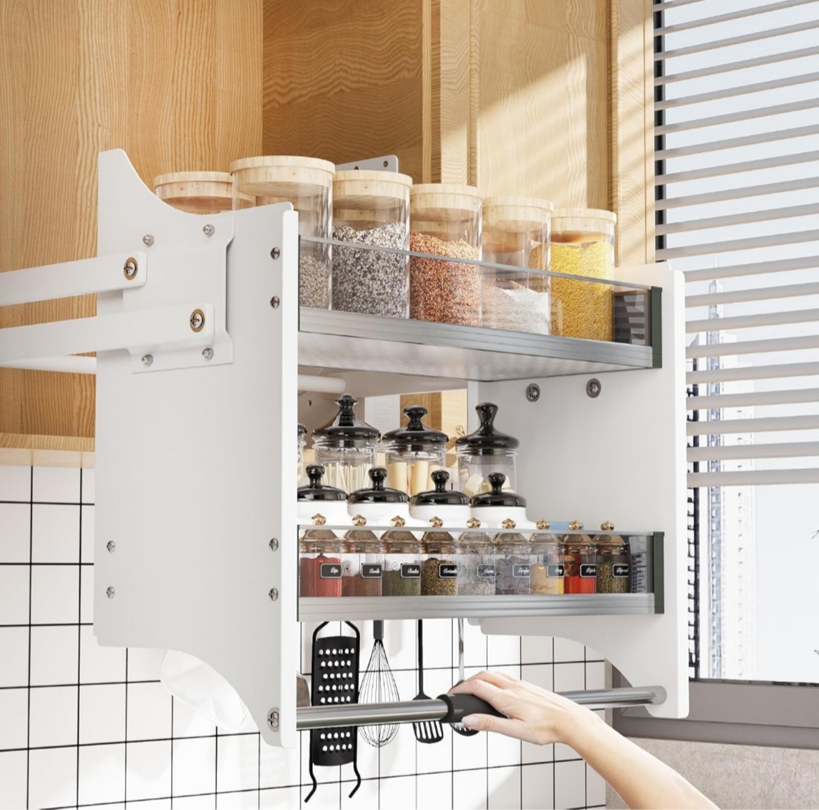 22-35.8 Inch Pull Down Shelf for Kitchen Upper Cabinet, 2-Tier Pull Down Cabinet