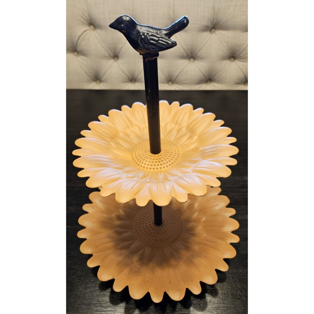 Rustic 2 Tier Tidbit Tray w/ Yellow Metal Sunflowers 15.5 x 11.5