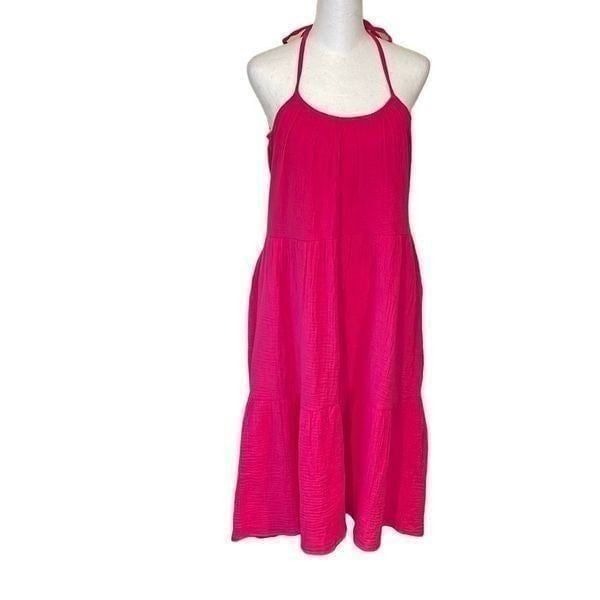 Six Fifty Women's Tie Shoulder Dress Sleeveless Summer Tiered Midi Pink Small