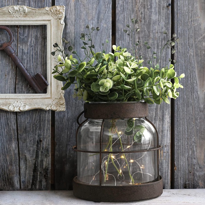 Vintage Glass Farmhouse Vase, Rustic Lantern Decor with Plants Flowers Lights Vi