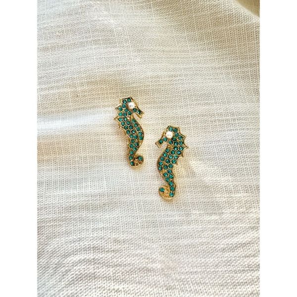 Aqua blue seahorse rhinestone earrings with pearl detail