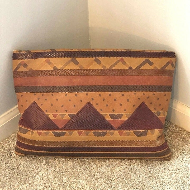 Vtg 70s Charisma Brown Geometric Ladies Leather Clutch Purse