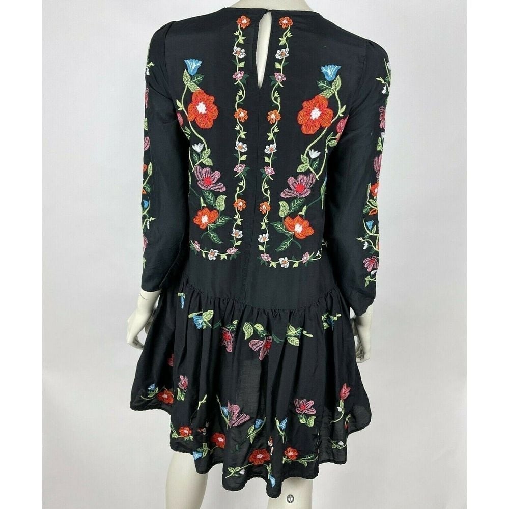 Zara Embroidered Dress Sheath Long Sleeve High Low Crew Neck Black Women XS