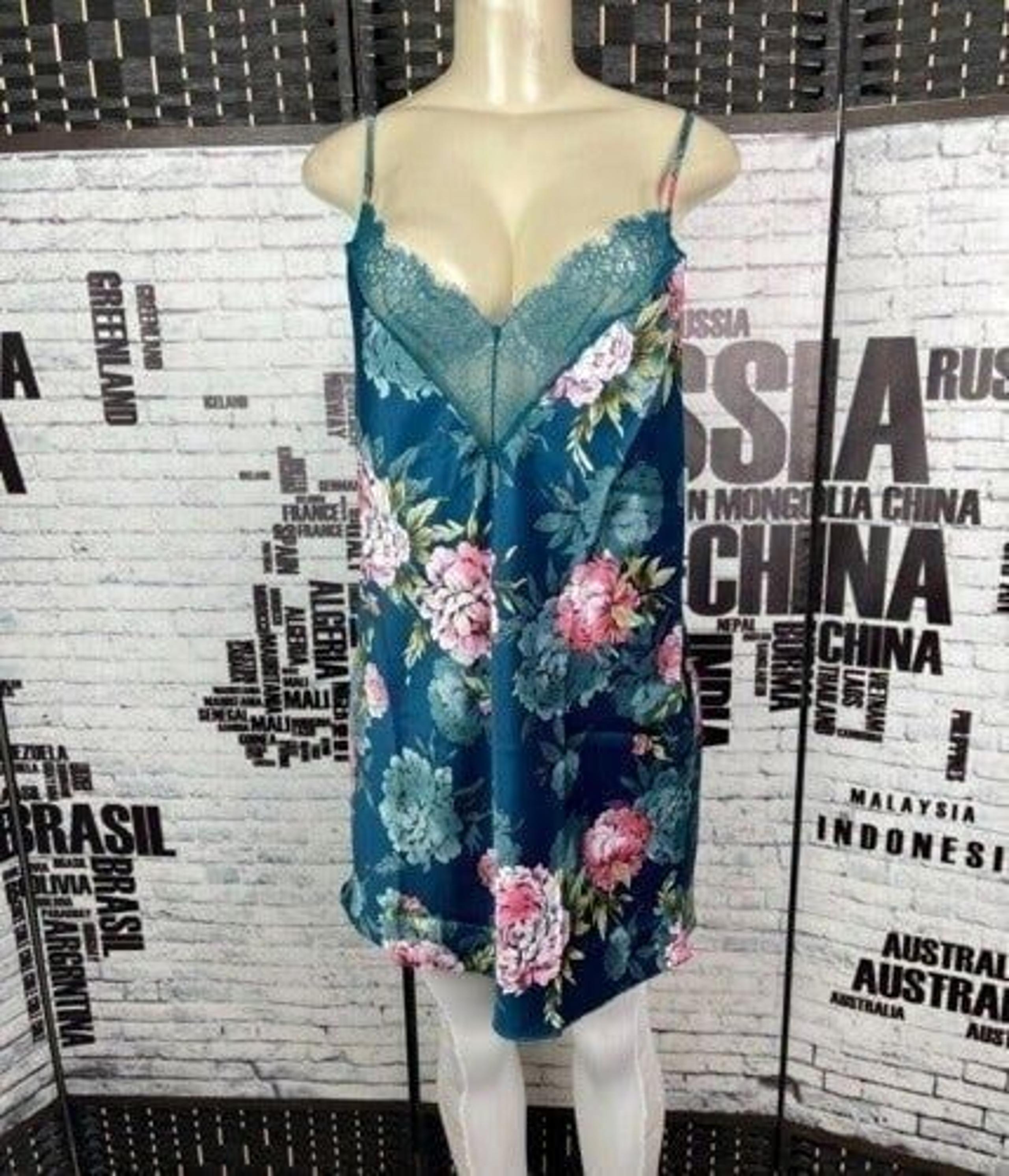 In Bloom By Jonquil XL Teal Satin Floral V-Neck Lace Trim Open Back Chemise
