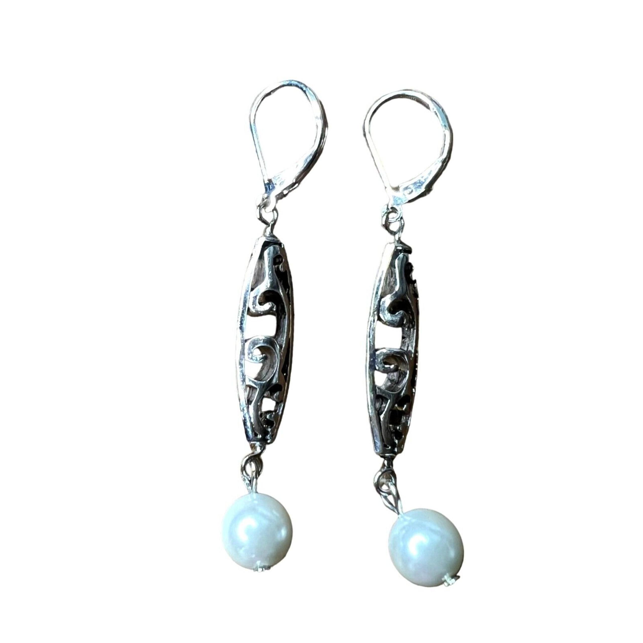 Womens Faux Pearl Dangle Fashion Earrings Silver Ivory