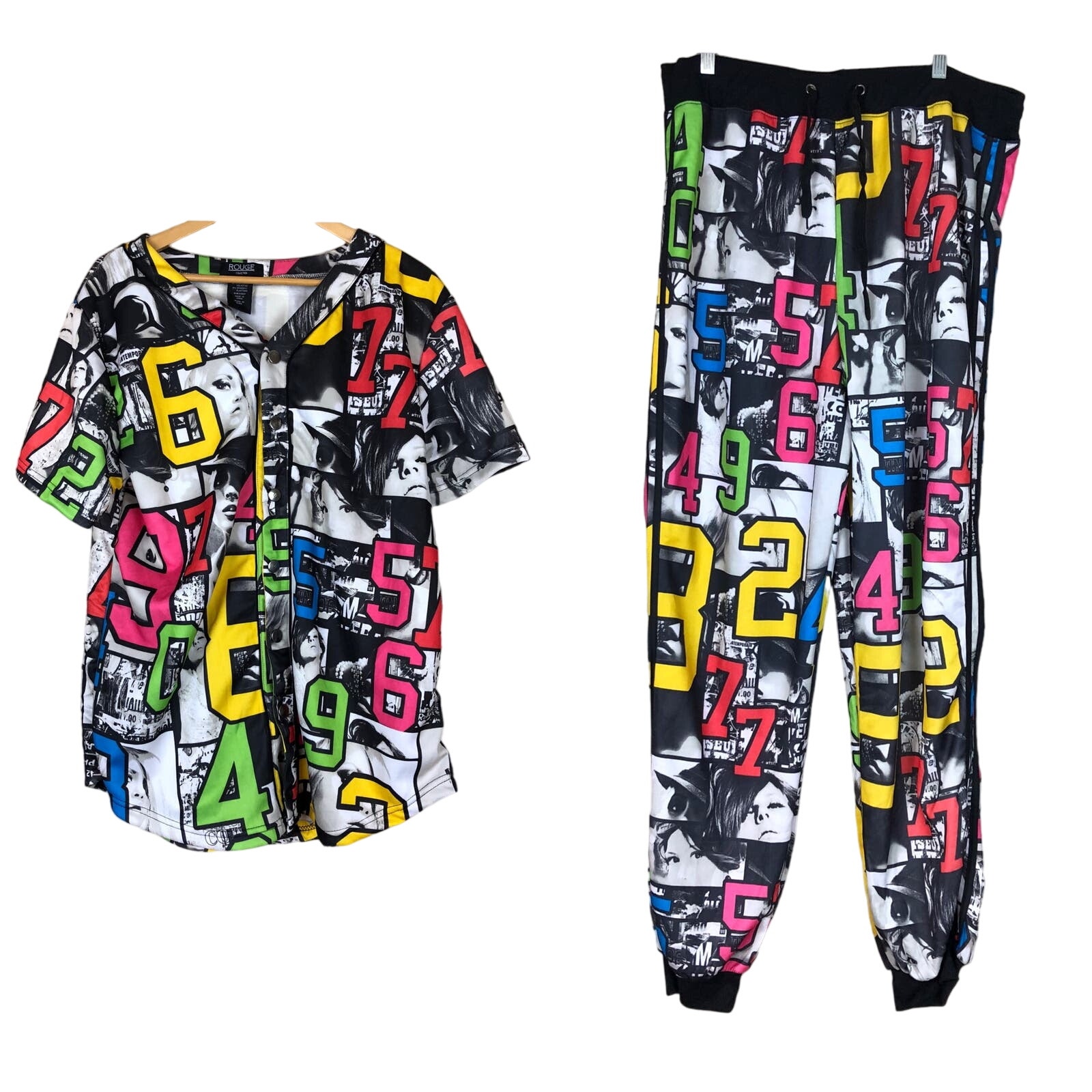 Rouge Women Set Shirt Sweatpants Sz 1X 2pc Streetwear Sporty Baseball Y2K Jersey