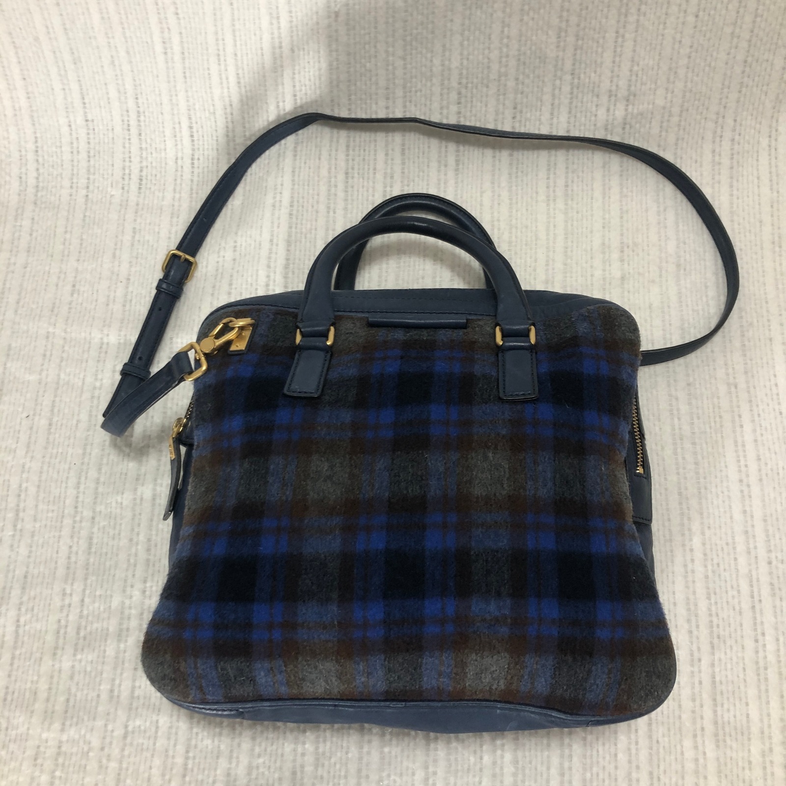 Marc by Marc Jacobs Plaid Wool Satchel Crossbody Bag Blue Leather Trim