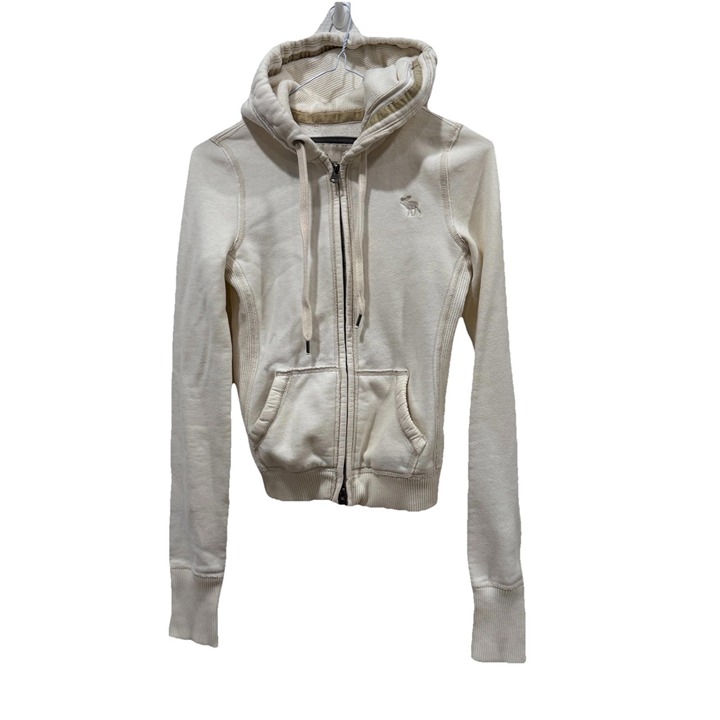 Abercrombie Fitch Hoodie Women XS White Sweater Fleece Drawstring Moose Logo Y2K