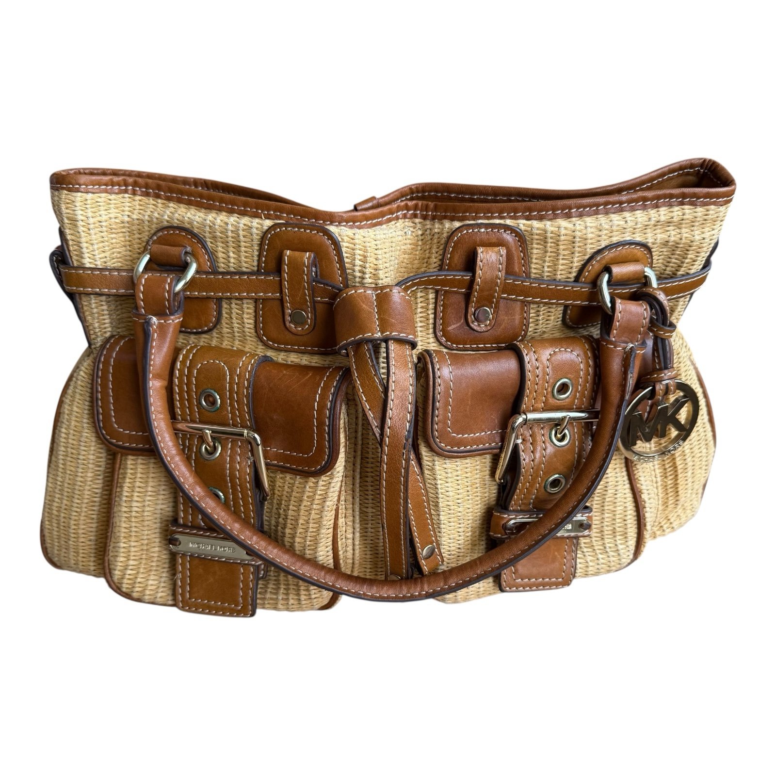 Michael Kors Women’s Handbag Purse Wicker Straw 17x11 Tan Brown Leather Trim