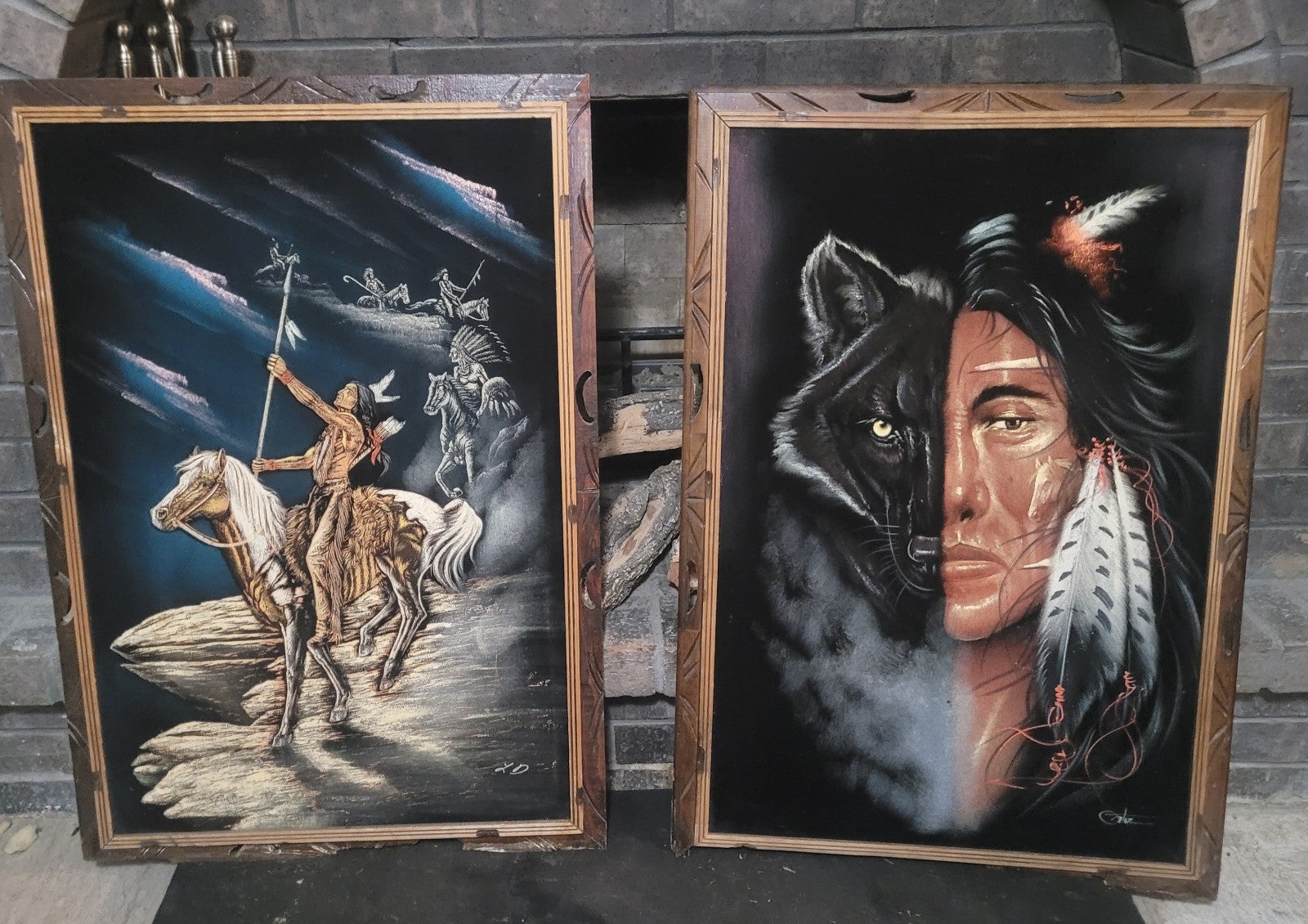 Vtg Velvet Native American Paintings: Man/Wolf by D. Ortiz; Man on Horse by LD