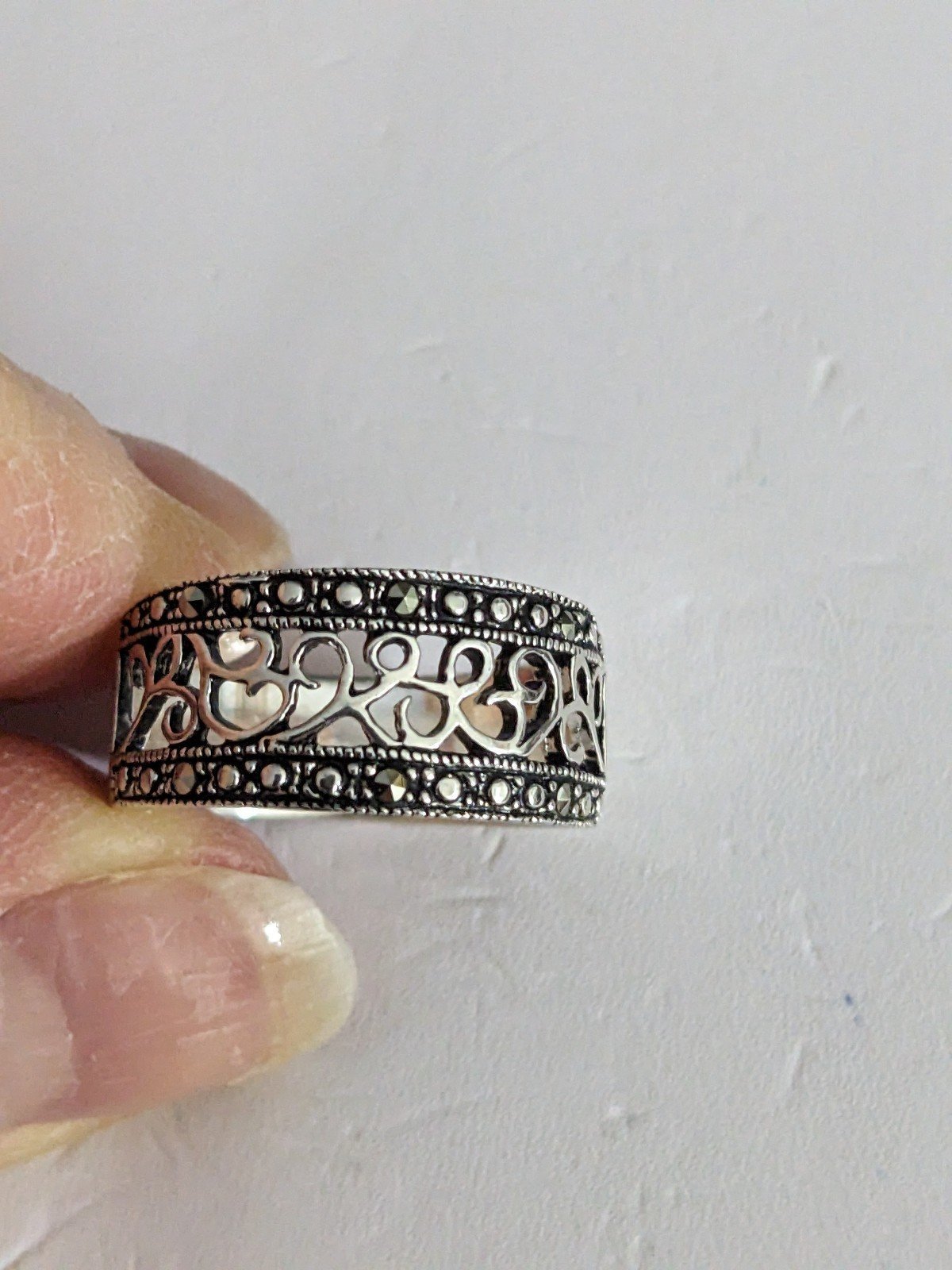 925 VGT DOUBLE LAYER UNIQUE SS MEXICO FILIGREE MARCASITE DESIGNED RING SZ8.5-9*