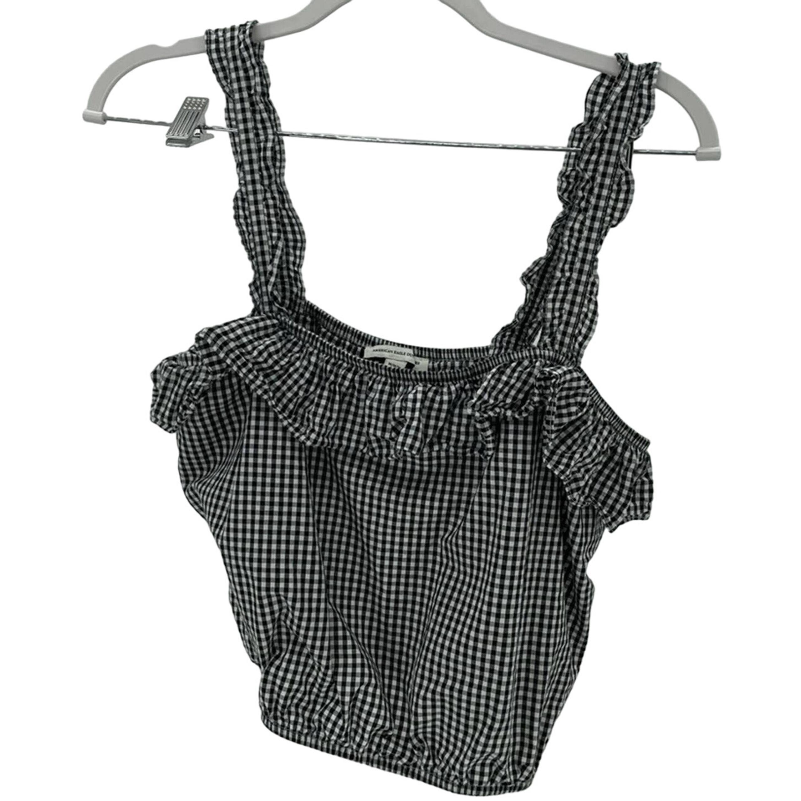 American Eagle Outfitters Gingham Plaid Ruffled Crop Top Black White Women Sz M