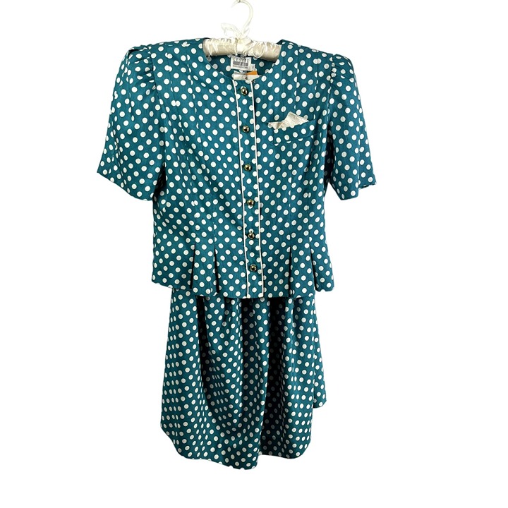 Vintage 80s Turquoise White Polka Dot Jacket and Skirt Suit NWT Size 14 Large