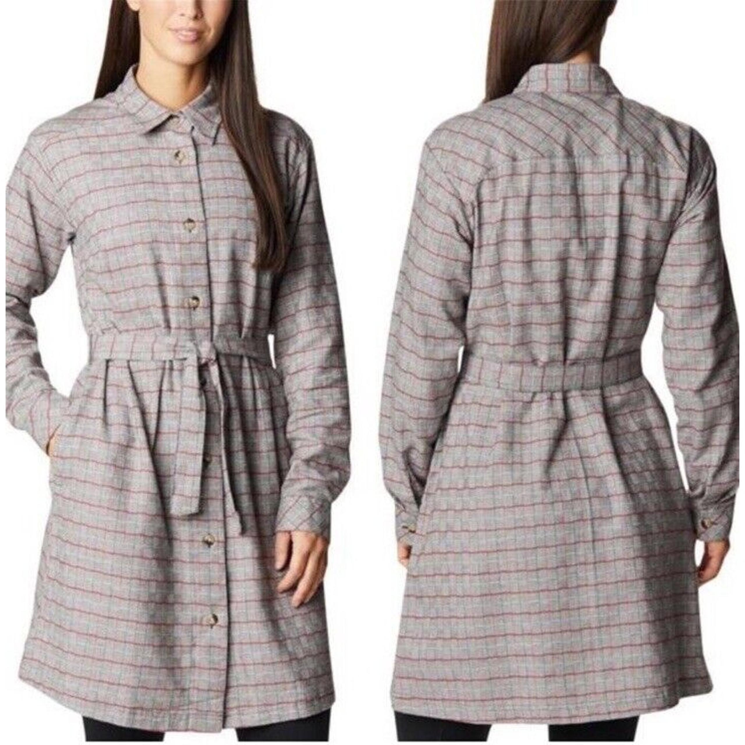 Columbia Holly Hideaway Flannel Dress Plaid Button Up Belted Gray Red Size 2X