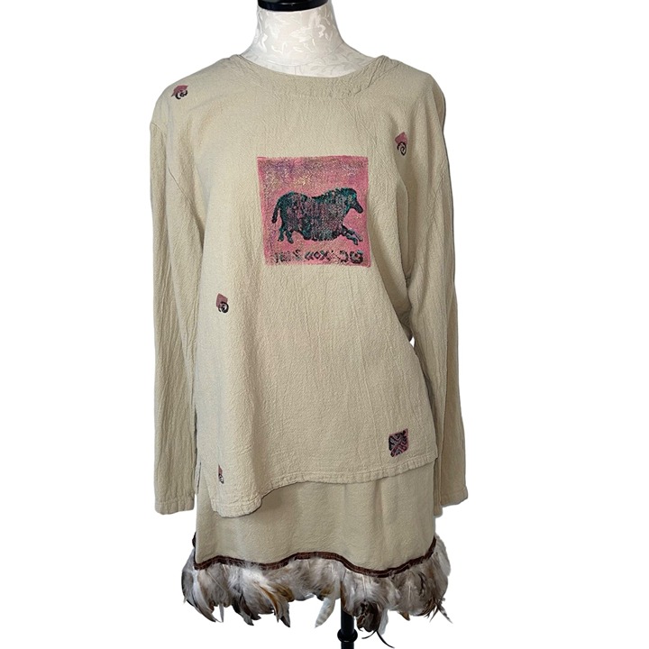 Echos Vintage Womens Skirt Set Size Small Feather Trim Upcylcled Hand Painted