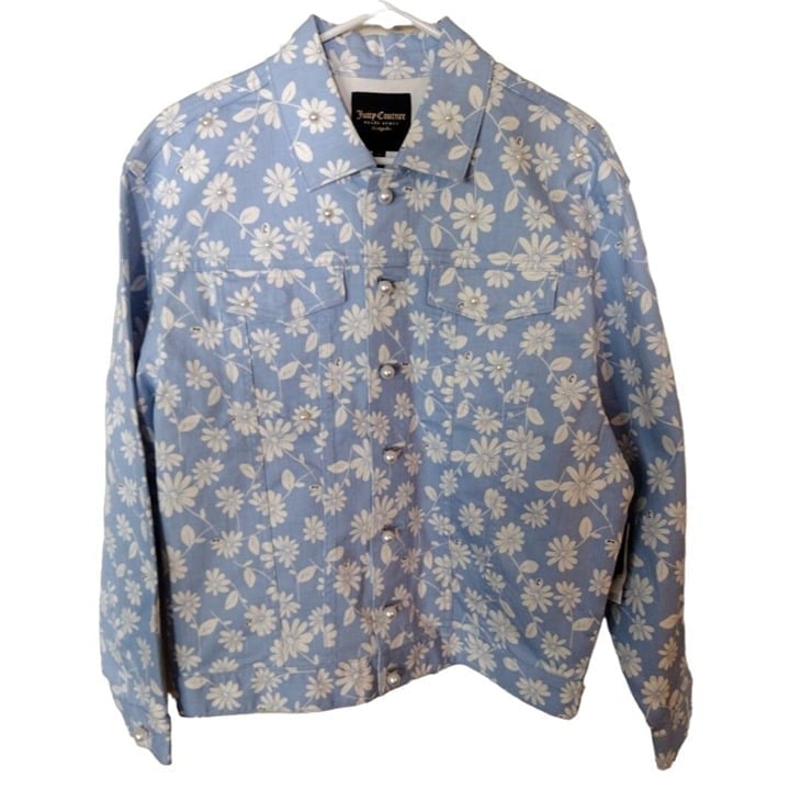 NWT Small Juicy Couture Black Label Light Blue Denim Jacket with Daisy's Embelli