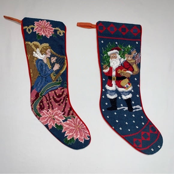 Christmas Stocking Set 2 Angel Santa Embroidered Needle Point Holiday Fireplace