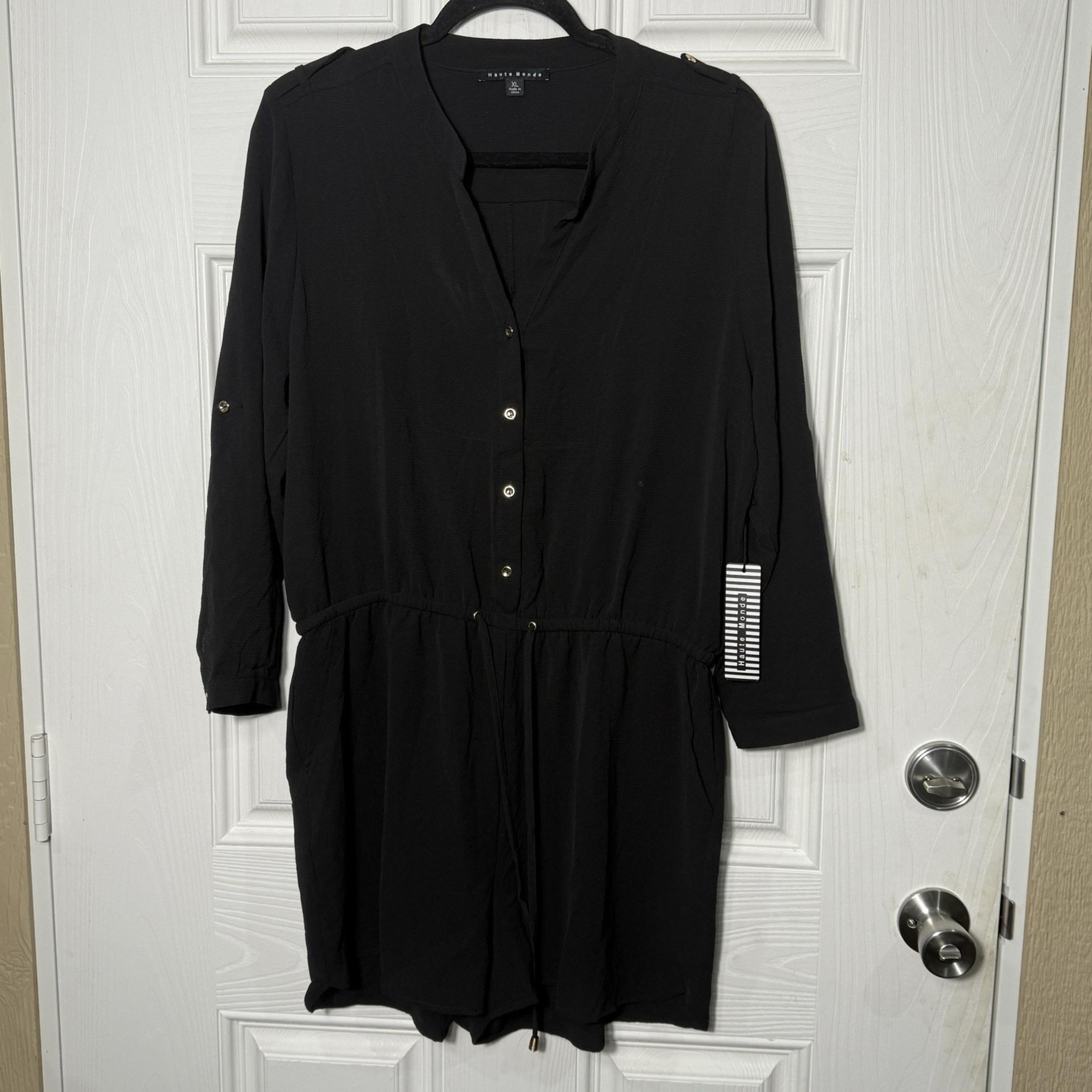 Haute Monde Womens Romper XLarge Black Button Down Long Sleeve Gold Button