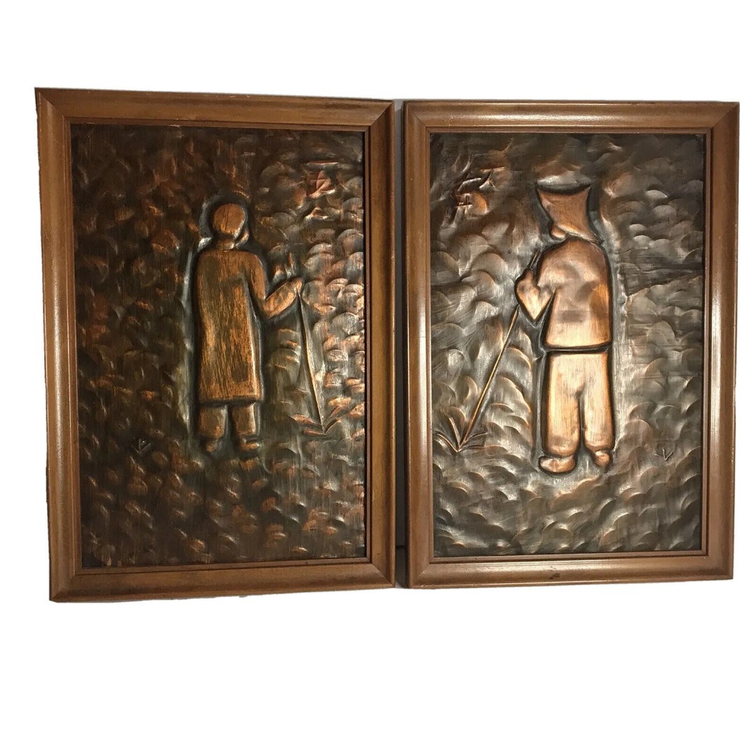 Vintage Framed Hammered Copper Wall Art Plaque of Asian Couple. Set Of Two.