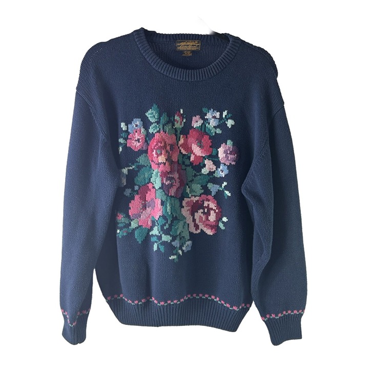 VTG 90s Eddie Bauer womens Medium Garden Party Floral Knit Crewneck Sweater USA