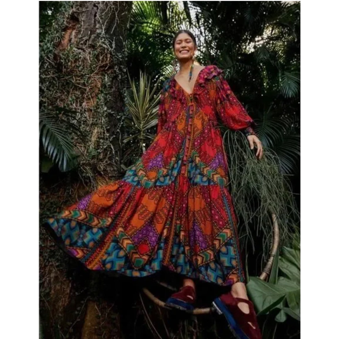 Farm Rio Yawanawa Stripes Long Sleeve Maxi Ankle Dress Red Brown Size Small New